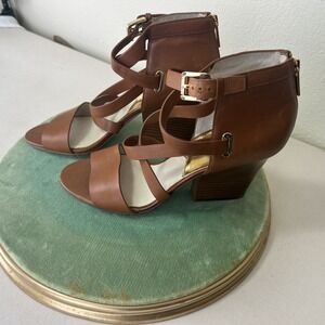 Michael Kors Brown Leather Strappy Block Heel Sandals